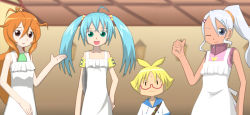 Rule 34 | 1boy, 3girls, alice gehabich, antenna hair, apron, bakugan, bakugan battle brawlers, blonde hair, blue hair, brown eyes, dark skin, glasses, green eyes, julie heyward, long hair, looking at viewer, marukura chouji, misaki runo, multiple girls, one eye closed, open mouth, ponytail, purple eyes, short hair, standing, tongue, twintails, white hair
