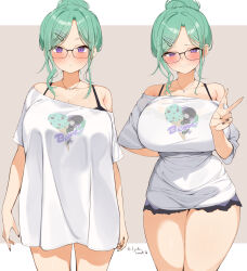 Rule 34 | 1girl, absurdres, black nails, blush, breasts, choco tanuki, cleavage, collarbone, glasses, green hair, hair ornament, hairclip, highres, jewelry, large breasts, necklace, purple eyes, shirt, smile, twitter username, v, vspo!, white shirt, yakumo beni, yakumo beni (5th costume)