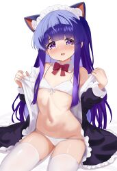 1girl absurdres alternate_costume animal_ears black_dress blue_hair blunt_bangs blush bow bow_panties bra cat_ears colored_eyelashes detached_collar dot_nose dress embarrassed enmaided fake_animal_ears flat_chest frilled_dress frills furude_rika highres higurashi_no_naku_koro_ni hime_cut loli long_hair long_sleeves looking_at_viewer maid maid_headdress navel open_mouth panties purple_eyes red_bow ribs shirt sitting solo stomach thighhighs umeyanenne underwear undressing white_bra white_panties white_shirt white_thighhighs