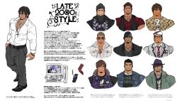 Rule 34 | 2000, 6+boys, absurdres, bara, beanie, black hair, black vest, brown hair, bulge, cellphone, computer, earphones, earrings, facial hair, flip phone, fur trim, goatee, hat, highres, jewelry, kuromine hiraya, male focus, multiple boys, muscular, muscular male, original, pectoral cleavage, pectorals, pendant, phone, reference sheet, scarf, single earring, sunglasses, vest