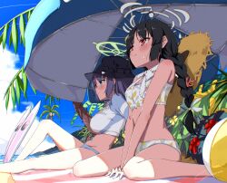 2girls ball beach beachball bikini black_hair blue_archive blush braid breasts bucket_hat commentary halo hat hat_on_back highres knee_up large_breasts looking_ahead mat miyu_(blue_archive) miyu_(swimsuit)_(blue_archive) multiple_girls own_hands_together palm_tree parasol print_bikini purple_hair rash_guard saki_(blue_archive) saki_(swimsuit)_(blue_archive) sitting small_breasts straw_hat surfboard sweatdrop swimsuit tree umbrella wariza white_bikini yo_na