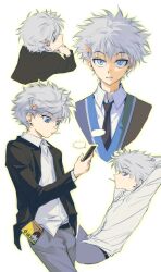1boy arms_up black_jacket black_necktie blue_eyes blue_pants cellphone closed_mouth collared_shirt commentary cropped_shoulders cropped_torso crossed_legs gelb hair_ornament hashtag-only_commentary head_rest highres holding holding_phone hunter_x_hunter iphone jacket killua_zoldyck long_sleeves looking_at_phone looking_back looking_to_the_side male_focus multiple_views necktie open_clothes open_jacket pants phone sanpaku shirt shirt_partially_tucked_in simple_background smartphone watson_cross white_background white_hair white_shirt wing_collar
