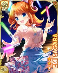 1girl :d blouse blue_eyes blue_skirt bow breasts character_name girlfriend_(kari) glowstick hair_bow jewelry juggling lights looking_at_viewer medium_hair multicolored_bow necklace night night_sky official_art open_mouth orange_hair orange_shirt outdoors park pink_bow pink_shirt plaid_bow qp:flapper sagara_emi shirt skirt sky smile solo stairs tagme tied_shirt two_side_up white_legwear