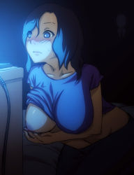 1girl bad_id bad_tumblr_id blue_eyes blue_hair blush breast_slip breasts clothed_masturbation female_focus female_masturbation grabbing_own_breast groin hand_in_pants large_breasts long_hair masturbation matching_hair/eyes mike_inel nipple_stimulation nipple_tweak nipples one_breast_out original screen_light slender_man slenderman solo sweat tweaking_own_nipple when_you_see_it