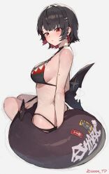 1girl alternate_costume bikini black_bikini black_hair blush breasts colored_inner_hair ellen_joe fins fish_tail from_side hair_ornament hairclip highres large_breasts looking_at_viewer looking_to_the_side mole mole_on_arm multicolored_hair parted_lips red_eyes red_hair shark_tail short_hair sitting solo sooon swimsuit tail two-tone_hair white_background zenless_zone_zero