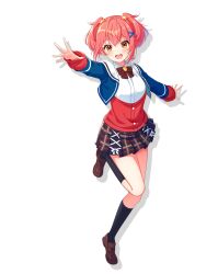1girl :d full_body hair_ornament highres jacket long_sleeves looking_at_viewer official_art ootori_kokona open_mouth pink_hair plaid_clothes plaid_skirt shoes short_hair skirt smile solo transparent_background world_dai_star yellow_eyes