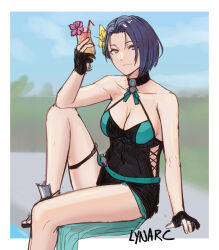 1girl bare_arms bare_legs black_gloves black_one-piece_swimsuit blue_hair cup fingerless_gloves fire_emblem fire_emblem:_three_houses fire_emblem_heroes flower gloves hair_flower hair_ornament highres holding holding_cup looking_at_viewer lynarc nintendo one-piece_swimsuit shamir_nevrand shamir_nevrand_(summer) short_hair sitting solo swimsuit thighs
