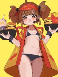 1girl :d bikini black_bikini blush breasts brown_eyes brown_hair burger cowboy_shot cup disposable_cup food french_fries happi headset highres holding holding_tray imadake_dabuchi_tabemi japanese_clothes looking_at_viewer mcdonald&#039;s medium_breasts mero_remo_sugoi microphone navel open_mouth short_hair smile soda solo sweatdrop swimsuit tray twintails visor_cap yellow_background yellow_happi