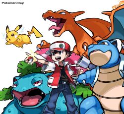 1boy belt black_hair black_shirt blastoise blue_eyes blue_pants bright_pupils brown_eyes cannon charizard clenched_hand commentary denim electricity english_commentary fire gen_1_pokemon highres holding holding_poke_ball hyou_(hyouga617) jacket jeans multicolored_jacket nintendo pants pikachu poke_ball pokemon pokemon_(creature) pokemon_rgby red_(pokemon) red_eyes red_jacket shirt smile starter_pokemon_trio tongue tongue_out two-tone_jacket venusaur white_jacket white_pupils