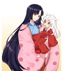 animal_ears barefoot black_hair blue_kimono blunt_bangs border brown_eyes child closed_mouth dog_boy dog_ears gradient_background hair_between_eyes hakama haori highres inuyasha inuyasha_(character) izayoi_(inuyasha) japanese_clothes kimono mother_and_son open_mouth parted_bangs pink_haori red_hakama red_shirt shirt sidelocks smile tiroma white_border white_hair wide_sleeves yellow_background yellow_eyes