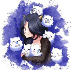 Rule 34 | 1girl, absurdres, ahoge, black choker, black hair, blue eyes, blush stickers, bow, bowtie, choker, clero (viprimo), closed eyes, closed mouth, collarbone, hair over one eye, heart, highres, horns, indie virtual youtuber, long sleeves, mika boogey (vtuber), multicolored hair, purple bow, purple bowtie, purple hair, smile, streaked hair, striped bow, striped bowtie, striped clothes, virtual youtuber