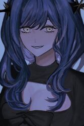 1girl arcana_(reverse:1999) black_dress blue_background blue_hair breasts cleavage cleavage_cutout clothing_cutout dress grin highres large_breasts long_hair portrait reverse:1999 smile solo susugi_(susug1_1) wand_in_head yellow_eyes
