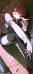 1girl absurdres black_shoes black_skirt black_thighhighs bow brown_hair character_request chinese_commentary closed_mouth commentary_request copyright_request gootai hair_bow highres holding holding_paper_airplane jewelry light_smile long_hair looking_at_viewer paper_airplane red_bow red_eyes ring shirt shoes sitting skirt solo thighhighs twintails white_shirt