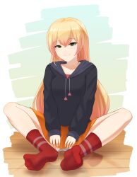 1girl alternate_costume between_legs blonde_hair blue_hoodie breasts butterfly_sitting closed_mouth commentary_request double-parted_bangs dress feet fingernails full_body green_eyes grey_panties hand_between_legs heart highres hololive hood hoodie hui_yu large_breasts long_hair long_sleeves looking_at_viewer mixed-language_commentary momosuzu_nene nail_polish no_shoes on_floor orange_dress orange_nails panties pantyshot red_socks reflection sitting smile socks solo straight-on straight_hair underwear very_long_hair virtual_youtuber wooden_floor