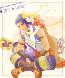 1boy 1girl arm_guards arms_around_neck azu_rin_go black_armlet blonde_hair blue_eyes blue_hair blue_pants blush bokujou_monogatari bokujou_monogatari:_mittsu_no_sato_no_taisetsuna_tomodachi braid brown_overalls brown_shoes closed_mouth collarbone collared_shirt cornrows crossed_legs curtained_hair dark-skinned_male dark_skin embarrassed floating_hair flower full_body hair_between_eyes hair_bun half_updo hands_on_lap happy_birthday harem_pants highres hug hug_from_behind indian_style inset_border jewelry leaning_on_person long_hair long_skirt low_twin_braids ludus_(bokujou_monogatari) muscular muscular_male nanami_(bokujou_monogatari) necklace open_mouth overall_skirt overalls pansy pants patterned_clothing red_eyes sandals scarf_belt shirt shoes short_sleeves side_braids single_hair_bun sitting skirt sleeveless_tunic smile split_mouth thick_eyebrows tunic twin_braids wavy_hair white_tunic wing_collar yellow_background yellow_flower yellow_pansy