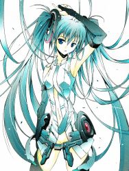1girl aqua_eyes aqua_hair breasts bridal_gauntlets female_focus hatsune_miku hatsune_miku_(append) highres long_hair moonsorrow navel necktie no_panties simple_background solo thighhighs twintails very_long_hair vocaloid vocaloid_append white_background