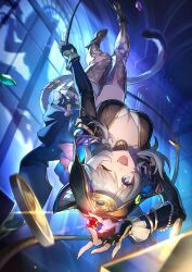 1girl animal_ears bad_link black_gloves blue_eyes boots breasts cat_ears cat_girl cat_tail cipher_(honkai:_star_rail) cleavage coin fang fingerless_gloves gem gloves gold_boots gold_coin grey_hair highres holding holding_gem honkai:_star_rail honkai_(series) hooded_leotard mole official_art one_eye_closed open_mouth solo tail thigh_boots