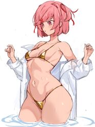 1girl bikini commentary doki_doki_literature_club english_commentary gold_bikini hair_ornament halterneck highleg highleg_bikini highres natsuki_(doki_doki_literature_club) navel off_shoulder open_clothes open_shirt pink_eyes pink_hair pout rakeemspoon ribbon shirt short_hair smile string_bikini swimsuit thighs wading wet white_background white_shirt