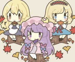 3girls :&lt; :3 acorn alice_margatroid apron aqua_dress aqua_eyes autumn autumn_leaves beetroot black_footwear blonde_hair blue_bow blush bow braid brown_eyes capelet chibi crescent crescent_hat_ornament dress food frilled_apron frilled_capelet frilled_hairband frills grey_background hair_bow hairband hat hat_ornament hat_ribbon holding holding_acorn holding_food holding_pumpkin holding_vegetable kagome_f kirisame_marisa leaf long_hair long_sleeves mob_cap multiple_girls mushroom nut_(food) patchouli_knowledge puffy_sleeves pumpkin purple_bow purple_eyes purple_hair purple_headwear red_hairband red_ribbon ribbon shirt short_hair side_braid simple_background single_braid sitting skirt skirt_set smile socks striped_clothes striped_dress touhou tree_stump vegetable vest waist_ribbon white_apron white_shirt white_socks