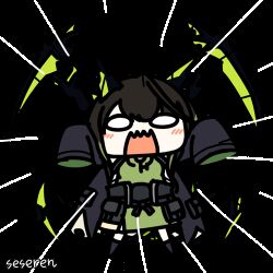 Rule 34 | 1girl, ahoge, animated, animated gif, arknights, artist name, black hair, black jacket, black shoes, blush, chibi, dress, emphasis lines, green dress, green hair, huge ahoge, jacket, looking at viewer, lowres, medium hair, mon3tr (arknights), multicolored hair, no nose, off shoulder, open mouth, seseren, shoes, simple background, sleeves past fingers, sleeves past wrists, solid oval eyes, solo, streaked hair, transparent background, two-sided fabric, two-sided jacket, wavy mouth, white eyes
