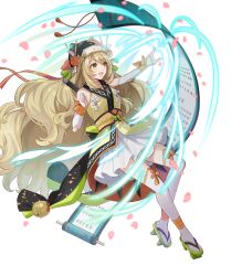 1girl ankle_wrap bare_shoulders bell blonde_hair bow celine_(fire_emblem) celine_(ninja)_(fire_emblem) detached_sleeves fire_emblem fire_emblem_engage fire_emblem_heroes flower geta green_eyes green_footwear hair_ornament hair_stick highres japanese_clothes long_hair looking_to_the_side ninja nintendo non-web_source official_alternate_costume official_art open_mouth orange_bow orange_flower orange_trim scroll shuriken skirt solo star_(symbol) star_hair_ornament tabi tassel tassel_hair_ornament thighhighs very_long_hair weapon white_skirt white_sleeves white_thighhighs wrist_bow