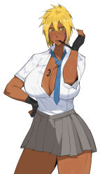 Rule 34 | bleach, blonde hair, breasts, dark-skinned female, dark skin, dr octojuice, facial mark, green eyes, grey skirt, highres, huge breasts, karakura high school uniform, large breasts, lips, necktie, partially unbuttoned, school uniform, skirt, spiked hair, tattoo, thick thighs, thighs, tier harribel