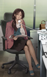 1girl absurdres bag bow bowtie brown_hair chair closed_eyes coat crossed_legs handbag highres holding holding_phone holster indoors jewelry long_hair mature_female office_lady open_mouth original pantyhose phone ponytail ring side_ponytail sitting skirt solo toes yewang19