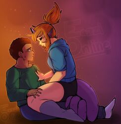 bike_shorts eazzionline eddsworld girl_on_top gradient_background hand_on_another&#039;s_thigh hatching_(texture) highres hood hoodie horns linear_hatching long_tail oc_x_canon pointy_ears tail tail_around_another tail_around_another&#039;s_leg tail_wrap tamara