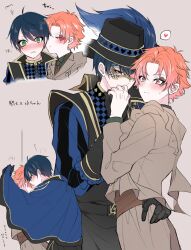 2boys ace_trappola alternate_costume belt black_belt black_gloves blue_cape blush cape checkered_clothes closed_mouth club_(shape) collared_jacket curtained_hair deuce_spade diamond_(shape) elbow_gloves facial_mark gloves green_eyes grey_background grey_pants grey_shirt hand_on_another&#039;s_ass hat heart highres jacket kiss kissing_cheek kissing_hand long_sleeves male_focus mask mofu_twst multiple_boys nervous_sweating orange_eyes pants parted_lips popped_collar shirt short_hair simple_background smile spade_(shape) speech_bubble spoken_heart standing striped_clothes striped_shirt sweat twisted_wonderland vertical-striped_clothes vertical-striped_shirt yaoi