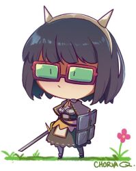 1girl armored_boots black_hair boots brown_capelet brown_dress capelet chest_guard chibi chibi_only chorvaqueen closed_mouth commentary cone_horns dress english_commentary expressionless fake_horns flower full_body glasses grass green-tinted_eyewear holding holding_shield holding_sword holding_weapon horns long_sleeves pink_flower ragnarok_online red-framed_eyewear shield short_hair signature simple_background solo standing sword swordsman_(ragnarok_online) tinted_eyewear weapon white_background white_horns