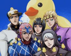 5boys absurdres aqua_eyes argyle_clothes argyle_sweater arrow_(symbol) black_eyes black_hair black_headwear black_sclera blonde_hair blue_eyes blue_sky blue_sweater bob_cut bruno_bucciarati cloud coat colored_sclera day genkentsubasa giorno_giovanna grey_hair guido_mista hat highres jacket jojo_no_kimyou_na_bouken kuujou_joutarou ladybug_ornament male_focus multiple_boys outdoors pink_jacket red_eyes red_headwear risotto_nero rubber_duck sky sweater vento_aureo white_coat white_headwear