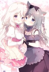 2girls :d :o amairo_chocolata animal_ears apron black_bow black_skirt blush bow breasts brown_apron cat_ears commentary_request detached_sleeves dog_ears frilled_apron frilled_skirt frills grey_apron grey_hair grey_shirt grey_sleeves hair_between_eyes hair_bow hair_ornament hairclip juliet_sleeves long_hair long_sleeves maid_headdress medium_breasts misono_ichika multiple_girls one_side_up open_mouth parted_lips pink_skirt pleated_skirt puffy_short_sleeves puffy_sleeves purple_eyes shiratama_(shiratamaco) shirt short_sleeves skirt smile very_long_hair waist_apron white_hair white_shirt yukimura_chieri