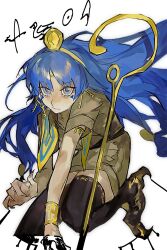 1girl armlet belt black_belt black_thighhighs blue_eyes blue_hair bracelet brown_shirt brown_shorts circlet closed_mouth collared_shirt commentary earrings facial_tattoo floating_hair fossilized_wonders gold_armlet gold_bracelet gold_circlet gold_earrings headpiece heinrich_(fernanderuddle) highres jewelry key key_earrings long_hair michigami_nareko scepter shirt short_sleeves shorts sketch solo tattoo thighhighs touhou very_long_hair