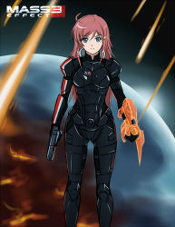 1girl an-bl arm_blade armor blue_eyes bodysuit commander_shepard commander_shepard_(cosplay) commander_shepard_(female) copyright_name cosplay crossover earth_(planet) energy_blade female_focus gun hair_ornament hairclip handgun katou_marika long_hair mass_effect_(series) mass_effect_3 miniskirt_pirates n7_armor omnitool pink_hair pistol planet solo space sword weapon