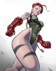 1girl bare_shoulders blonde_hair blue_eyes braid breasts cammy_white erzomori fingerless_gloves gloves hat highleg highleg_leotard leotard lips medium_breasts sleeveless street_fighter white_background