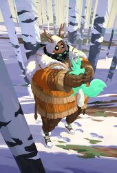 Rule 34 | 1boy, absurdres, animal, animal ears, artist request, brown pants, brown shoes, claws, dislyte, fat, fat man, forest, highres, holding, holding animal, hood, hood up, jacket, looking at animal, male focus, mask, mouth mask, nathaniel (humbaba) (dislyte), nature, non-web source, official art, orange jacket, pants, scarf, shoes, snow, snowing, squirrel, squirrel ears, squirrel tail, tail