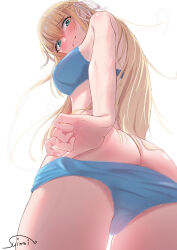 1girl absurdres ass blonde_hair bloom blue_bra blue_panties blush bow bra braid breasts butt_crack closed_mouth commentary cowboy_shot eyes_visible_through_hair foreshortening from_below green_eyes hair_between_eyes hair_ribbon half_up_braid heaven_burns_red highres long_hair looking_at_viewer looking_down medium_breasts panties panty_pull ribbon signature simple_background solo split_mouth straight_hair suimei_(ramebi3) sweatdrop toujou_tsukasa underwear underwear_only white_background white_ribbon