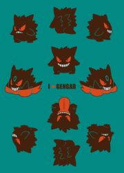 animal_focus blue_background full_body gen_1_pokemon gengar grin i_heart... looking_at_viewer mega_gengar mega_pokemon nintendo no_humans pokemon pokemon_(creature) satsumapotato simple_background smile tongue tongue_out v-shaped_eyes
