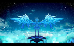 1girl amatsuki_rei angel angel_wings blue_sky blue_theme cloud cloudy_sky commentary_request double_halo dress facing_away female_focus floating from_behind halo highres oversized_wings letterboxed monochrome night night_sky original outstretched_arms scenery signature sky solo spread_arms spread_wings star_(sky) starry_sky wings