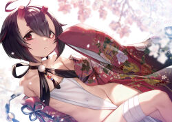 1girl absurdres ahoge bandaged_leg bandages bare_shoulders black_hair blunt_ends bob_cut closed_mouth colored_inner_hair commentary_request commission dancho_(dancyo) dutch_angle expressionless flat_chest floral_print floral_print_kimono groin hair_between_eyes hair_flaps highres horns indie_virtual_youtuber japanese_clothes kimono long_bangs looking_at_viewer mixed-language_commentary multicolored_hair off_shoulder oni open_clothes open_kimono original print_kimono red_eyes red_hair red_kimono revealing_clothes short_hair skeb_commission skin-covered_horns sleeves_past_fingers sleeves_past_wrists small_horns solo tareme thick_eyebrows two-tone_hair virtual_youtuber wide_sleeves