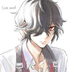 1boy absurdres belt_buckle black_hair buckle buttons closed_mouth code_vein collarbone collared_shirt copyright_name hair_over_one_eye highres jewelry kurumi_kobayashi looking_to_the_side louis_(code_vein) male_focus neck necklace red_eyes shirt short_hair simple_background solo upper_body white_background