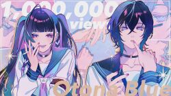 2girls :o :p ahoge applying_lipstick applying_makeup applying_manicure armband black_choker black_hair blue_eyes blunt_bangs braid choker cigarette closed_mouth collarbone commentary_request cosmetics crossed_bangs eyelashes fingernails genderswap genderswap_(mtf) hair_intakes hand_up hands_up highres holding holding_cigarette holding_lipstick_tube kaburagi_(pnoir087) lipstick_tube long_hair long_sleeves looking_at_viewer mascara_wand meloco_kyoran mole mole_on_neck multicolored_eyes multicolored_hair multiple_girls nail_polish nail_polish_brush neckerchief nijisanji nijisanji_en o-ring o-ring_choker open_mouth painting_nails parted_lips pink_nails pink_neckerchief purple_eyes purple_hair red_nails sailor_collar school_uniform serafuku shikinagi_akira shirt short_hair side_braids smile sparkle star_(symbol) streaked_hair tongue tongue_out two_side_up upper_body very_long_hair virtual_youtuber white_sailor_collar white_shirt