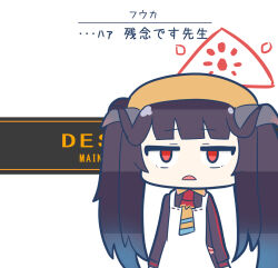 1girl aoirocombo armored_core armored_core_vi:_fires_of_rubicon ayre_(armored_core_vi) blue_archive chef disappointed fairouz_ai fuuka_(blue_archive) halo horns long_hair red_eyes sanpaku user_interface voice_actor_connection