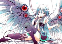 1girl android aqua_eyes aqua_hair blouse cable detached_sleeves feathers female_focus finger_to_mouth hair_down half-closed_eyes hand_to_own_mouth hatsune_miku long_hair mechanical_wings moonsorrow navel necktie open_clothes open_shirt shirt sitting skirt solo thighhighs very_long_hair vocaloid wings