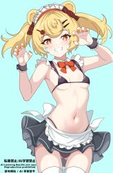 Rule 34 | 1girl, absurdres, alternate costume, animal ears, arknights, bear ears, bikini, black skirt, blonde hair, bow, bowtie, candy hair ornament, claw pose, clenched teeth, cowboy shot, eggplant7217, food-themed hair ornament, frilled hairband, frills, gluteal fold, gummy (arknights), hair ornament, hairband, hairclip, hands up, highres, looking at viewer, micro bikini, miniskirt, navel, orange eyes, orange nails, red bow, red bowtie, short hair, skirt, smile, solo, swimsuit, teeth, thigh gap, wrist cuffs
