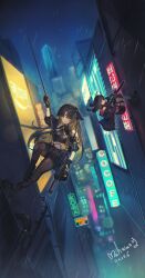 Rule 34 | 2girls, absurdres, animal ears, ar-15, artist name, assault rifle, bare shoulders, belt pouch, billboard, black gloves, black hair, black horns, black jacket, black pantyhose, black shirt, black shoes, black shorts, breasts, building, chest harness, city, city lights, cityscape, clothing cutout, colored inner hair, commentary request, commission, crop top, dated, drum magazine, dutch angle, explosive, flashbang, floating hair, gloves, grenade, gun, hair between eyes, halter shirt, halterneck, harness, headband, highres, holding, holding grenade, holding gun, holding rope, holding weapon, horns, hybrid sight, id card, industrial pipe, jacket, korean commentary, lens flare, long hair, looking at viewer, magazine (weapon), mahwang500 (ma-hwang), medium breasts, multicolored hair, multiple girls, navel, neon lights, night, night sky, open mouth, orange eyes, original, outdoors, pantyhose, pouch, rain, rappelling, rifle, rope, shirt, shoes, short sleeves, shorts, shoulder cutout, sky, skyscraper, slit pupils, smile, suppressor, tactical clothes, thigh strap, trigger discipline, two-sided fabric, two-sided gloves, two-sided jacket, very long hair, weapon, yellow eyes, zipper