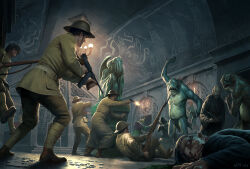 6+boys bayonet brodie_helmeth cthulhu_mythos cthulhu_wars darren_tan fighting gun handgun holding holding_gun holding_weapon m1911 monster multiple_boys soldier statue submachine_gun temple thompson_submachine_gun weapon