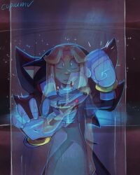 1boy 1girl blonde_hair blood copium_v furry furry_male gloves gunshot_wound highres indoors looking_at_viewer maria_robotnik open_mouth red_eyes reflection shadow_the_hedgehog signature sonic_(series) sonic_adventure_2 space_colony_ark star_(sky) white_gloves