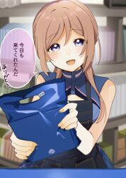 1girl bafarin bag blue_dress blue_eyes blush book bookshelf breasts brown_hair cleavage_cutout clothing_cutout commentary_request denim_apron dress employee_uniform fingernails gakuen_idolmaster highres himesaki_rinami idolmaster indoors long_hair looking_at_viewer medium_breasts plastic_bag pov sleeveless sleeveless_dress smile solo speech_bubble translation_request