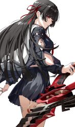 1girl absurdres arm_cutout black_hair black_ribbon black_shirt black_skirt breasts chisa_(wuthering_waves) commentary cowboy_shot from_side hair_ribbon highres hikkio holding holding_sword holding_weapon long_hair long_sleeves looking_at_viewer looking_to_the_side medium_breasts mole mole_under_eye neckerchief parted_lips red_eyes red_neckerchief red_ribbon ribbon sailor_collar shirt simple_background skirt solo sword tacet_mark_(wuthering_waves) very_long_hair weapon white_background white_sailor_collar wuthering_waves